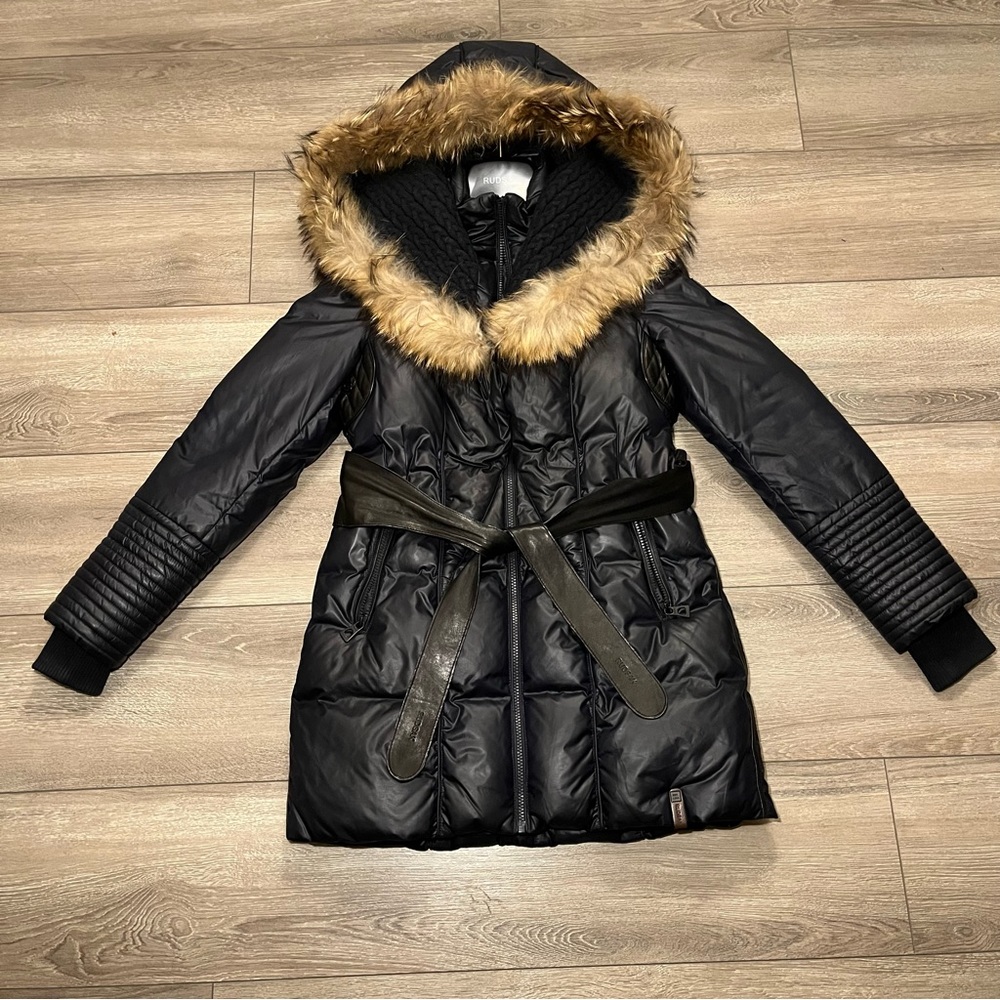 Rudsak navy down winter coat with leather waistband and details